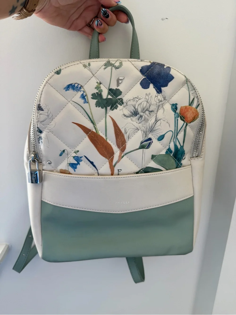 Floral Quilted Mini Backpack - Sage Green & Cream